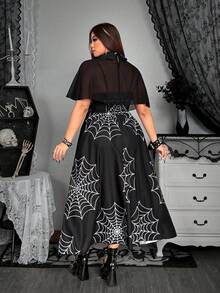 Whyspr Grunge Punk 2pcs/Set Gothic Elegant Spider Web Print Camisole Dress With Chiffon Shawl, Halloween Party Cosplay - Black and White - View 2