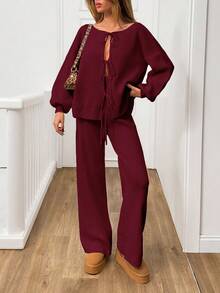 SHEIN Tall Ensemble décontracté pour femmes composé d'un cardigan tricoté à manches longues avec épaules tombantes et nœud devant, et d'un pantalon tricoté, couleur unie, automne/hiver, pour femmes grandes - Rouge foncé - Voir 3