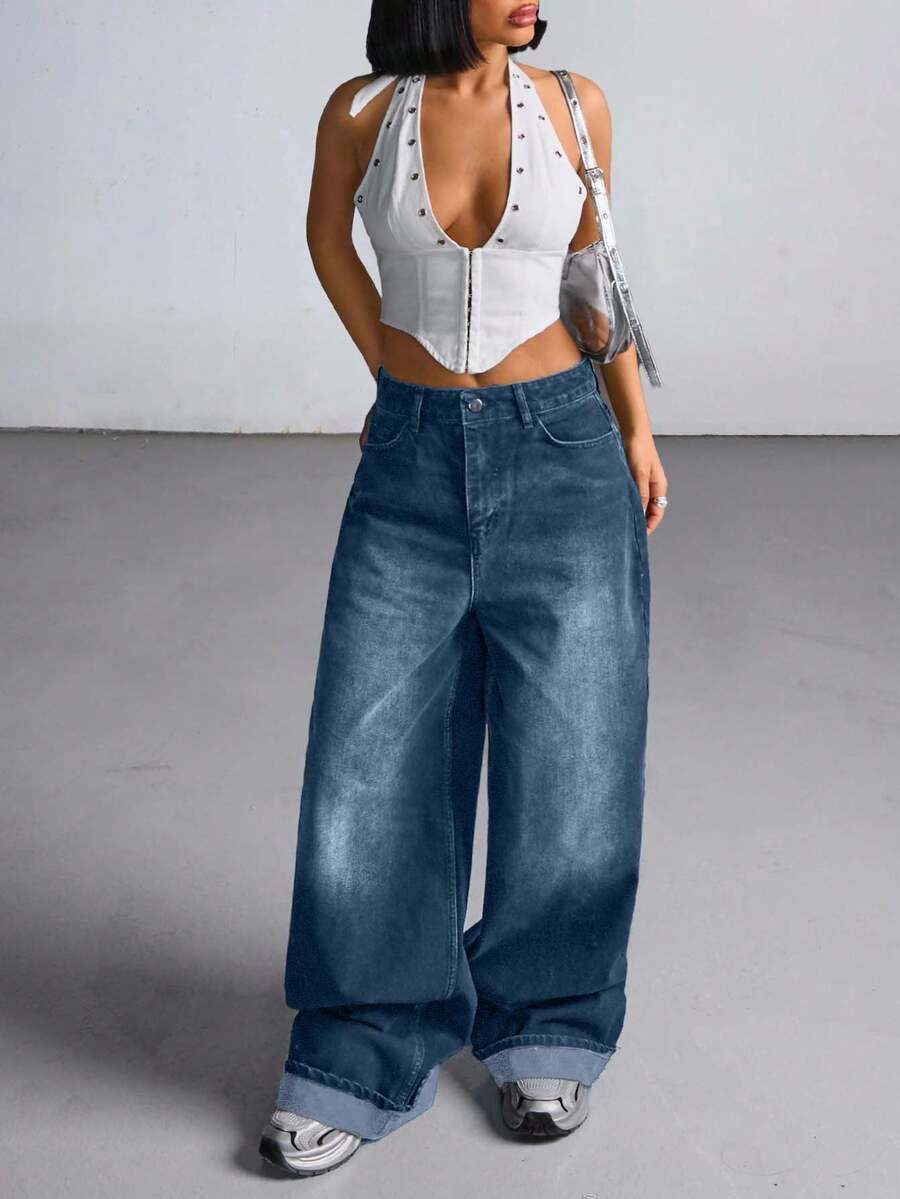 RueChic Jeans amples à taille basse avec poches, style Y2K, pour femmes