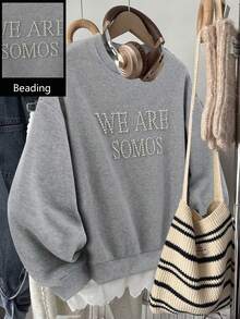 SHEIN Franclia Felpa girocollo con maniche lunghe in pile con motivo a slogan e finta perla, casual per autunno/inverno - Grigio - Visualizzare 1