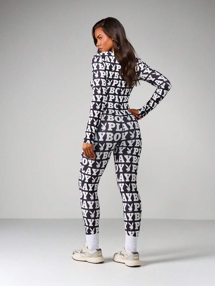 Missguided x Playboy Logo Ganzkörperanzug mit langen Ärmeln, Rundhalsausschnitt, figurbetonter Jumpsuit