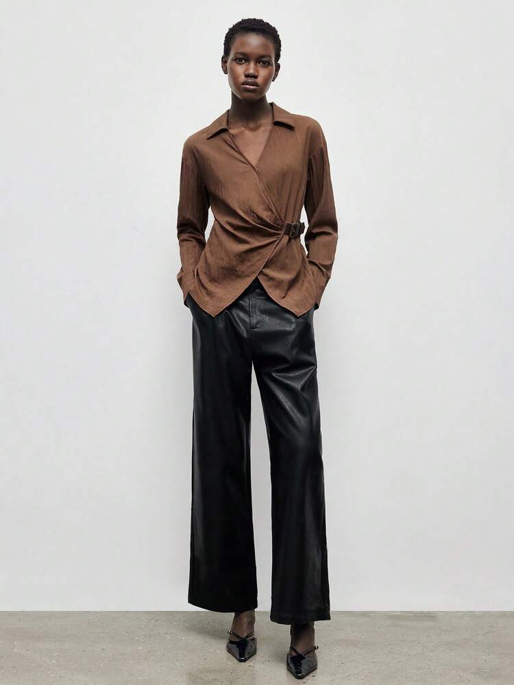 SHEIN Maija Women's Solid Color Wrap Blouse, Suitable For Commuting Brown Blouse Brown Tops Chocolate Brown Top Coffee Brown Top Earthy Tops Brown Shirt Women