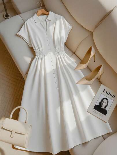 Franclia 大码女式时尚收腰白色短袖连衣裙，长款休闲连衣裙大码女式优雅纯色修身舒适连衣裙