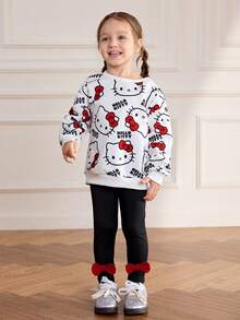 HELLO KITTY AND FRIENDS | SHEIN 2 件套年轻女孩可爱卡通猫咪印花圆领落肩长袖运动衫和蝴蝶结装饰松紧腰紧身裤休闲运动服 - 彩色 - 查看 1