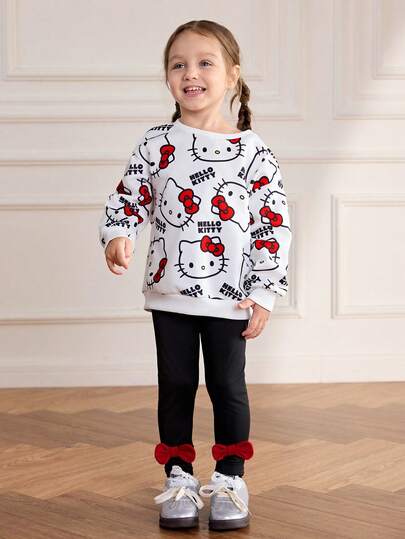 HELLO KITTY AND FRIENDS | SHEIN 2pcs/Set Young Girl Cute Cartoon Cat Print Round Neck Drop Shoulder Long Sleeve Sweatshirt & Bow Decor Elastic Waist Leggings Casual Tracksuit
