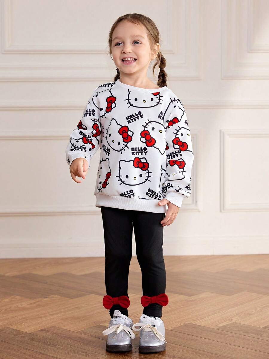 HELLO KITTY AND FRIENDS | SHEIN 2 件套年轻女孩可爱卡通猫咪印花圆领落肩长袖运动衫和蝴蝶结装饰松紧腰紧身裤休闲运动服 - 彩色 - 查看 1