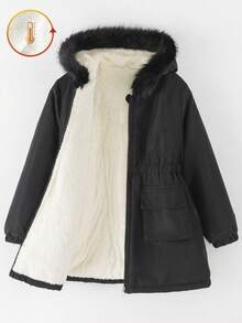 SHEIN Tween Girls' Casual All-Match Versatile Daily School Drawstring Waist Cargo Pocket Fleece Hooded Long Padded Coat, Thick Warm - Multicolor - View 2