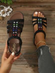 Sandalia para mujer suela de yute artesanal punta abierta correa ajustable plana estilo casual para verano y paseo sandalia cómoda - Negro - Ver 1