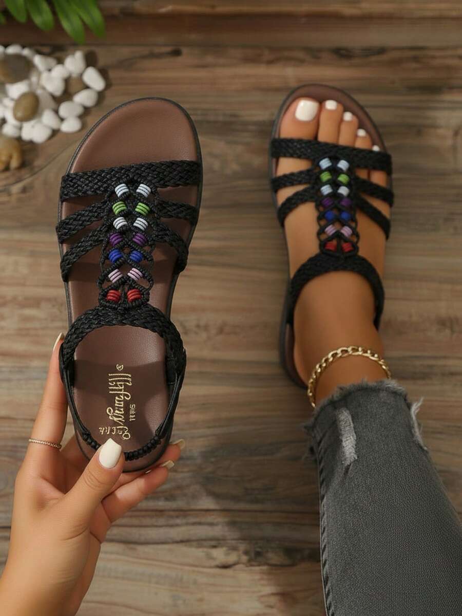 Sandalia para mujer suela de yute artesanal punta abierta correa ajustable plana estilo casual para verano y paseo sandalia cómoda - Negro - Ver 1