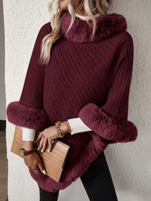 EMERY ROSE Fashionable & Elegant Fuzzy Patchwork Poncho Sweater, Autumn/Winter - Brown - View 4