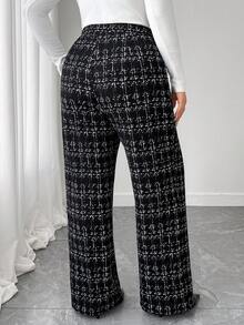 Elenzga 大码女式优雅印花弹力针织裤，高腰精致金属扣直筒裤，适合各种场合，优雅旅行，日常通勤，工作裤