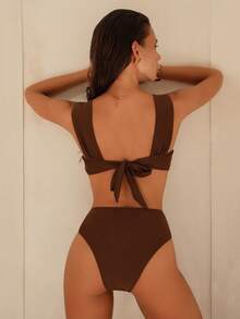 Swim Chiccia Women's Solid Color Thick Strap Metal Decor Bikini Set, Spring/Summer - Brown - View 2