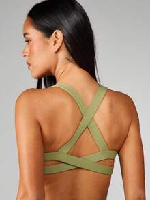 MISSGUIDED Cross Back Sports Bra For Women Active Halter Workout Top Medium Support - Green - View 2