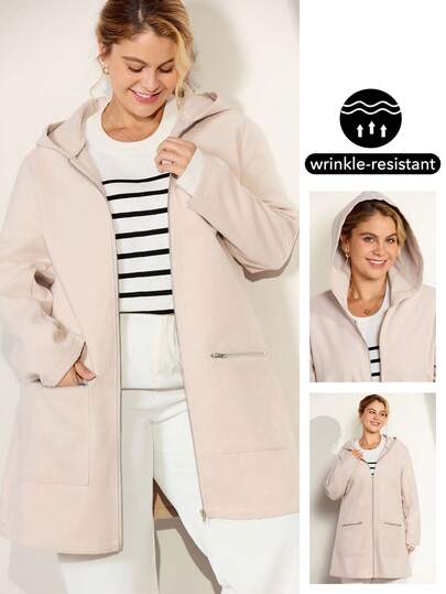 Momelise Women's Hooded Mid-Length Jacket With Pockets, Casual Outerwear For Commuting And Daily Wear Vintage Autumn Fall Winter Cloth For Women