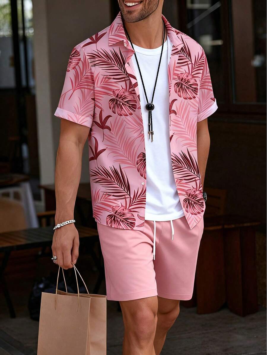 OTTIMOZO 男士夏威夷度假休闲热带印花衬衫和短裤套装，粉色度假套装，热带服装，舒适服装 - 珊瑚粉 - 查看 1