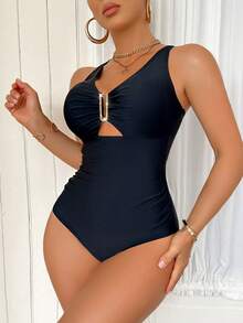 Voyashape Traje de baño de una pieza de unicolor plisado y hueco para mujer - Negro - Ver 5