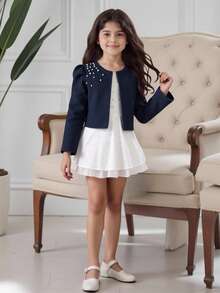 SHEIN Dziewczęca dzianina teksturowana, ładny bufiasty rękaw, elegancki krótki kołnierzyk ze stójką, perłowa dekoracja, kurtka płaszcz