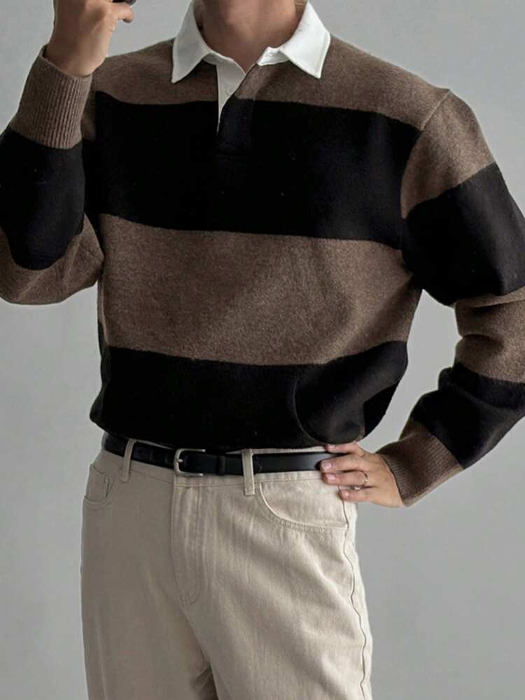 Men's Contrast Color Patchwork Collar Sweater,Two Piecese Look, Autumn/Winter