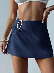 Firerie Minifalda de lino con envoltorio frontal de metal, elegante y minimalista, para uso diario - Azul Marino - Ver 8