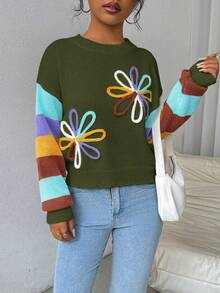 EMERY ROSE Casual Colorblock Striped 3D Floral Decor Sweater, Autumn/Winter