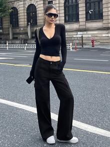DAZY Pantaloni cargo vintage mimetici americani, vestibilità dritta e ampia, pantaloni casual lavati con tasche multiple per donne jeans - nero - Visualizzare 7