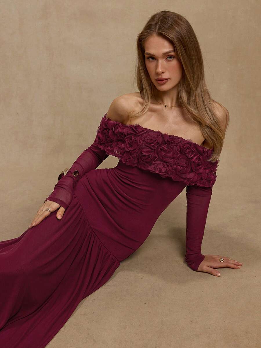 SHEIN BAE Abito da donna a maniche lunghe con spalle scoperte, in borgogna, con patchwork floreale 3D in rete, adatto per appuntamenti romantici, banchetti, eventi di compleanno, feste, occasioni formali, Ognissanti, Natale - Bordò - Visualizzare 1