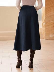 Modelyn Rok Panjang Elegan Model Mengembang Bahan Suede Imitasi Warna Polos untuk Wanita - Biru - View 2
