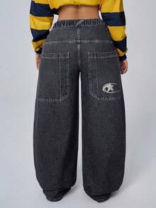 Jeanoix Plus Size Women Casual Embroidered Washed Long Pants - Dark Grey - View 2