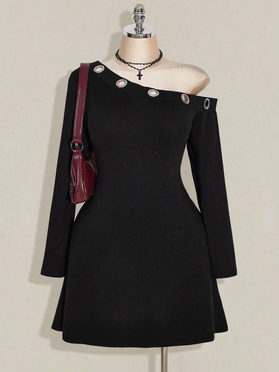 SHEIN ICON Vestido de manga larga de punto con decoración de ojetes metálicos en el hombro oblicuo, vestido de punto de moda retro Y2K de otoño de talla grande