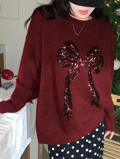 DAZY Women's Christmas Crew Neck Loose Sequin Butterfly Decor Casual Sweater