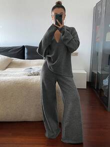 Livesso Ensemble deux pièces pull ample col V et pantalon, décontracté, automne pour femmes - Gris foncé - Voir 4