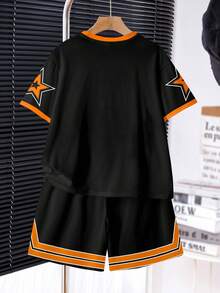 SHEIN Bộ 2 áo thun cổ tròn tay ngắn in hình ngôi sao và quần short phong cách thể thao bóng chày cổ điển dành cho bé trai tuổi teen, số 88, họa tiết Gothic Chicago, thích hợp cho mùa hè - Nhiều màu - Xem 3