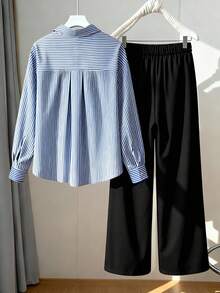 Regalyn Große Größen Lässig Gestreiftes Langarm Hemd + Minimalistische Lässig Lange Hose 2 Stücke Set
