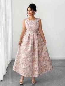 Elenzga 复古粉色提花无袖腰部收紧喇叭裙 - 粉色 - 查看 9