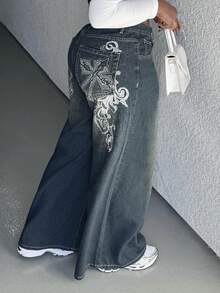 Alexandranx Cross & Vine Graphic Distressed Wash Oversized & Extra Long Wide Leg Boy Friend Jeans, Punk Rock Inspired - Blue - View 5