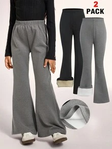 Radiana 2pcs Tween Girls' Casual All-Match Lined Flare Pants, Black And Gray Chic Outfits For Autumn/Winter - Multicolor - View 1