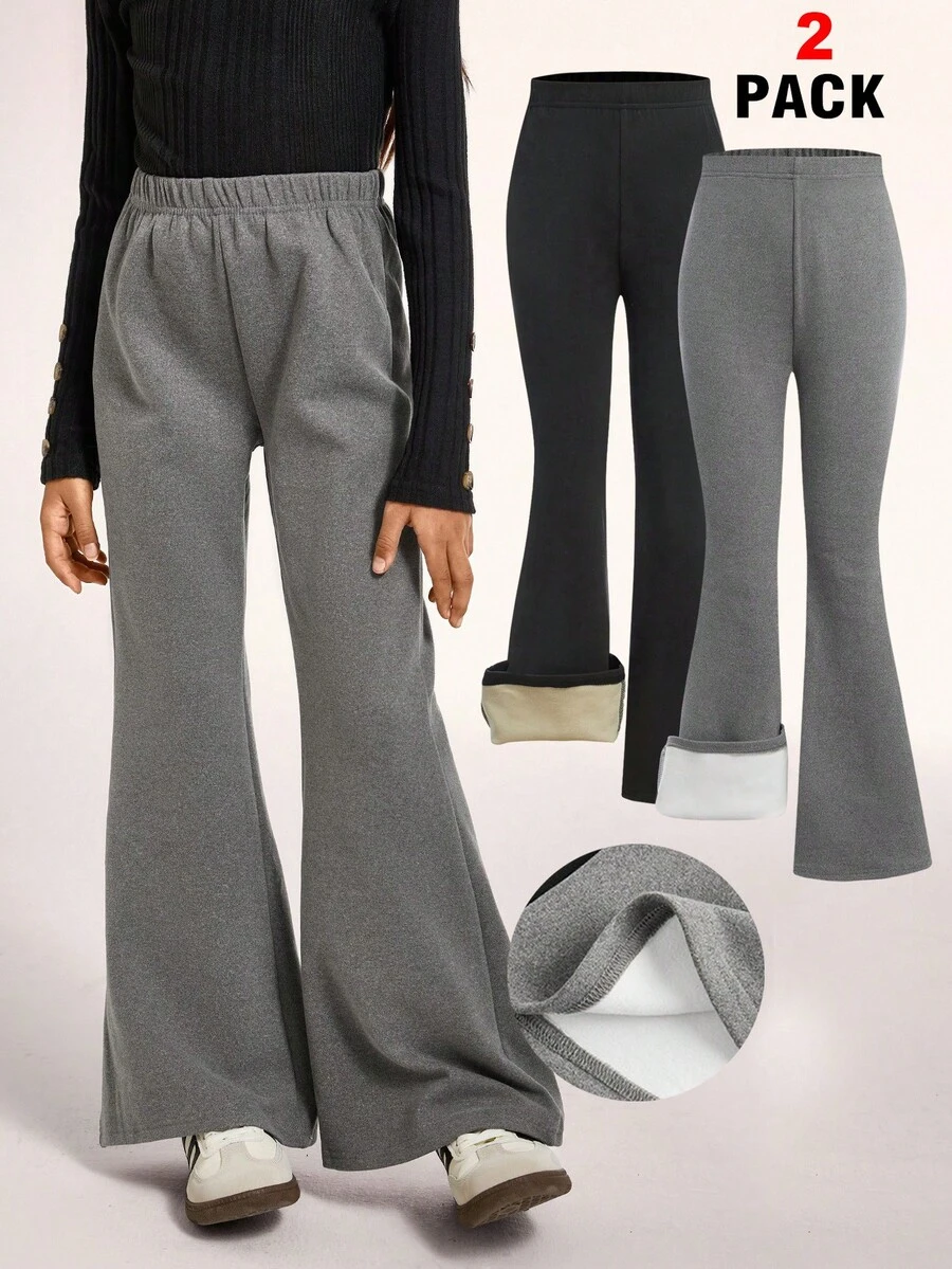 Radiana 2pcs Tween Girls' Casual All-Match Lined Flare Pants, Black And Gray Chic Outfits For Autumn/Winter - Multicolor - View 1
