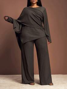 Veslaya Modest Casual Blouse And Pants Set For Women Plus 3 Piecesset - Brown - View 4