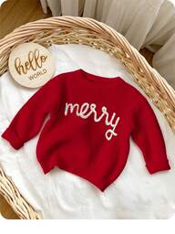 SHEIN Baby Girl Christmas Casual Simple Letter Print Loose Fit Crew Neck Long Sleeve Sweater, Suitable For Autumn/Winter