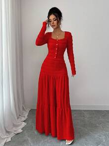 Selianne Women's Pink Textured Fabric Casual Vacation Style Long Sleeve Square Neck Button-Up Top With Paneled Design And Flared Skirt 2-Piece Set, Autumn - Red - View 3