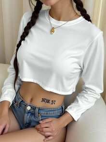 Mujer crop top estilo urbano  estampado mariposa gráfico moda tejido elástico ajustado cuello redondo manga larga primavera verano uso diario - Blanco - Ver 2
