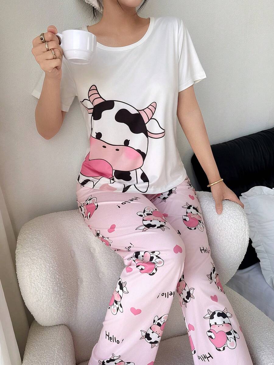2 件套可爱奶牛印花针织短袖睡衣套装,舒适睡衣 - 彩色 - 查看 1
