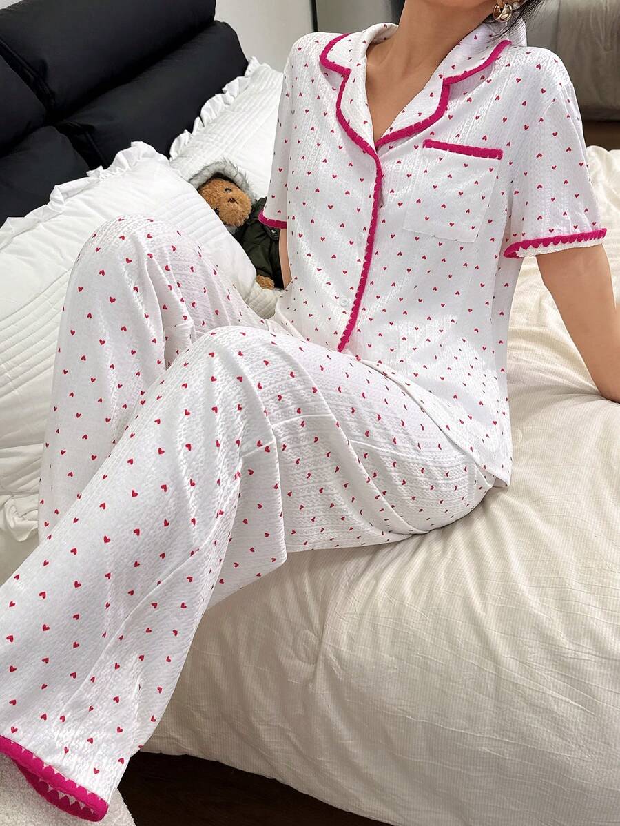 SHEIN Women's Fresh Heart Print Patchwork Color Block Collar Button Short Sleeve Pajama Set - White - View 1