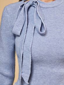 Penseblé Women's Fashionable Casual Tie Neck Bow Hem Contrast Lace Pullover Sweater, Suitable For Christmas And New Year - Blue - View 7