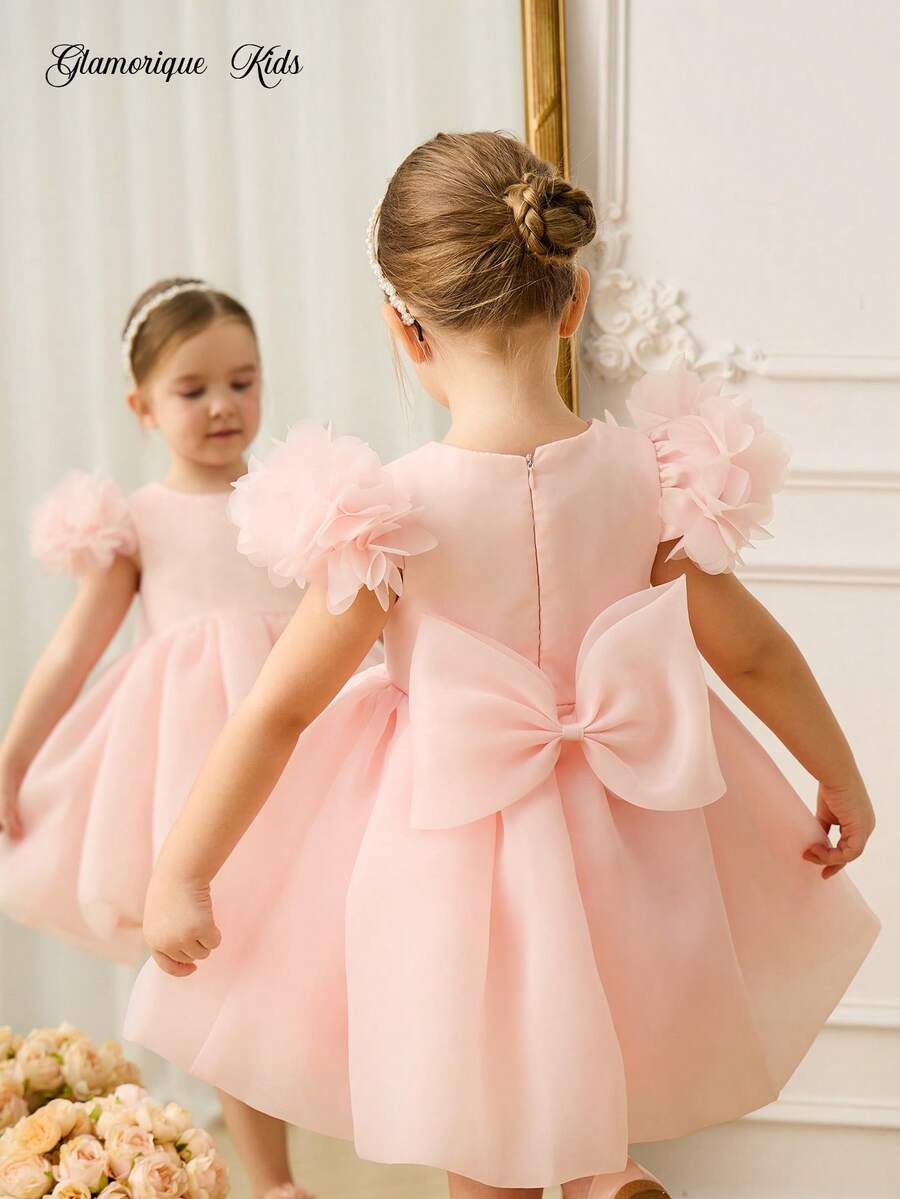 Glamorique Kids 女孩生日派对婚礼花童礼服，无袖圆领柔粉色花裙，优雅天鹅绒缎面蓬松公主裙，腰带和 3D 蝴蝶结 - 粉色 - 查看 1