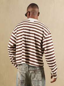 SUMWON 短款修身长袖落肩条纹T恤，饰有文字Logo，休闲街头风 - 彩色 - 查看 2