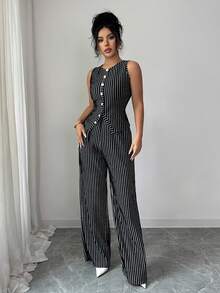 Selianne Bộ đồ 2 món thời trang Elenzga dành cho nữ, gồm áo ba lỗ cổ tròn cài nút không tay và quần ống đứng ống rộng cạp cao, phong cách thanh lịch khi đi làm - màu đen - Xem 6