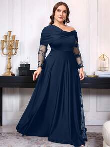 Reflora Plus Size Women Floral Embroidery Mesh Patchwork Asymmetrical Shoulder Elegant Dress - Navy Blue - View 3