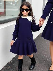 Young Girl Casual Knit Dress With Bow Decor, Autumn/Winter - Navy Blue - View 1