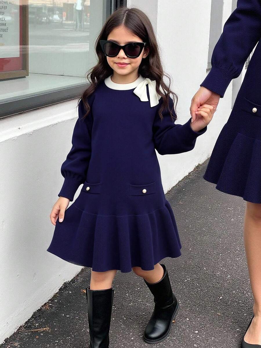 Young Girl Casual Knit Dress With Bow Decor, Autumn/Winter - Navy Blue - View 1